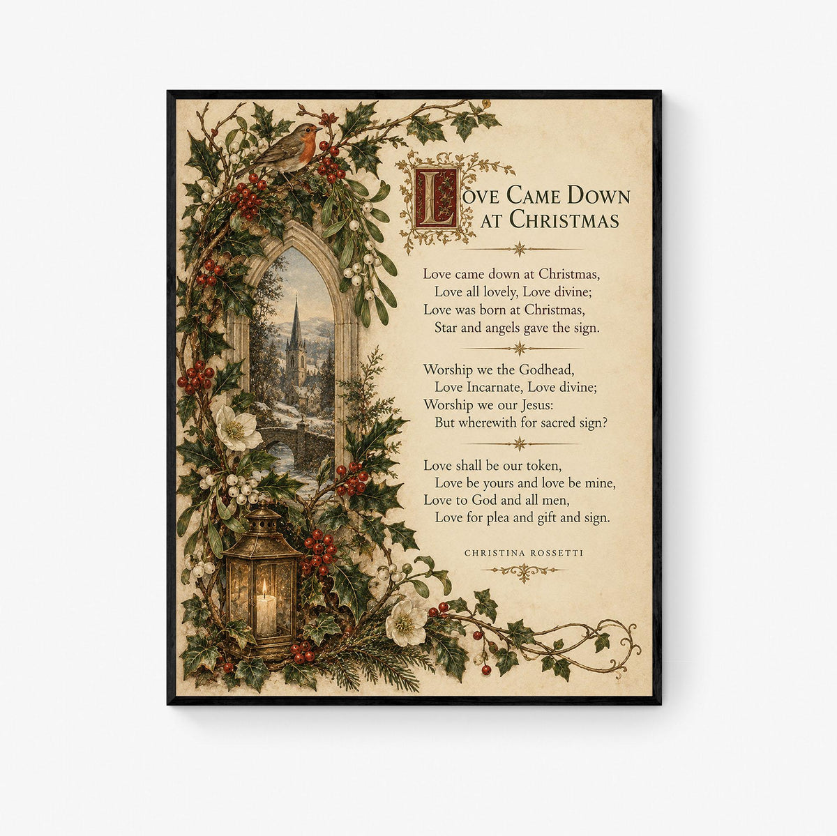Love Came Down At Christmas Wall Art Print, Christina Rossetti Winter Poem, Vintage Holiday Home Decor