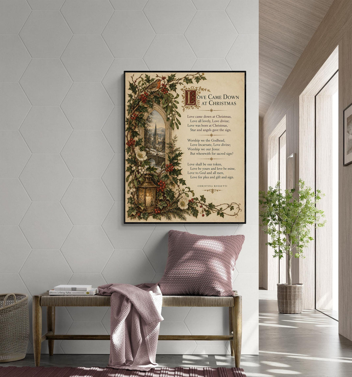 Love Came Down At Christmas Wall Art Print, Christina Rossetti Winter Poem, Vintage Holiday Home Decor