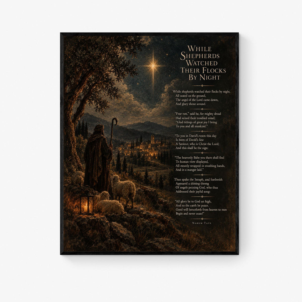 While Shepherds Watched Wall Art Print, Christmas Nativity Hymn, Nahum Tate, Vintage Holiday Home Decor