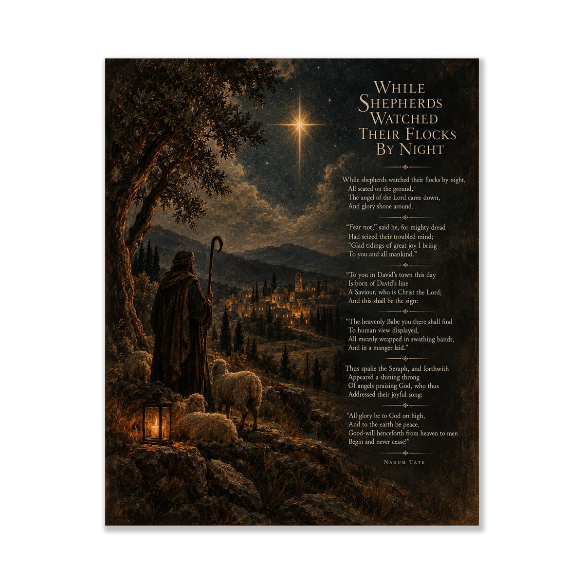 While Shepherds Watched Wall Art Print, Christmas Nativity Hymn, Nahum Tate, Vintage Holiday Home Decor