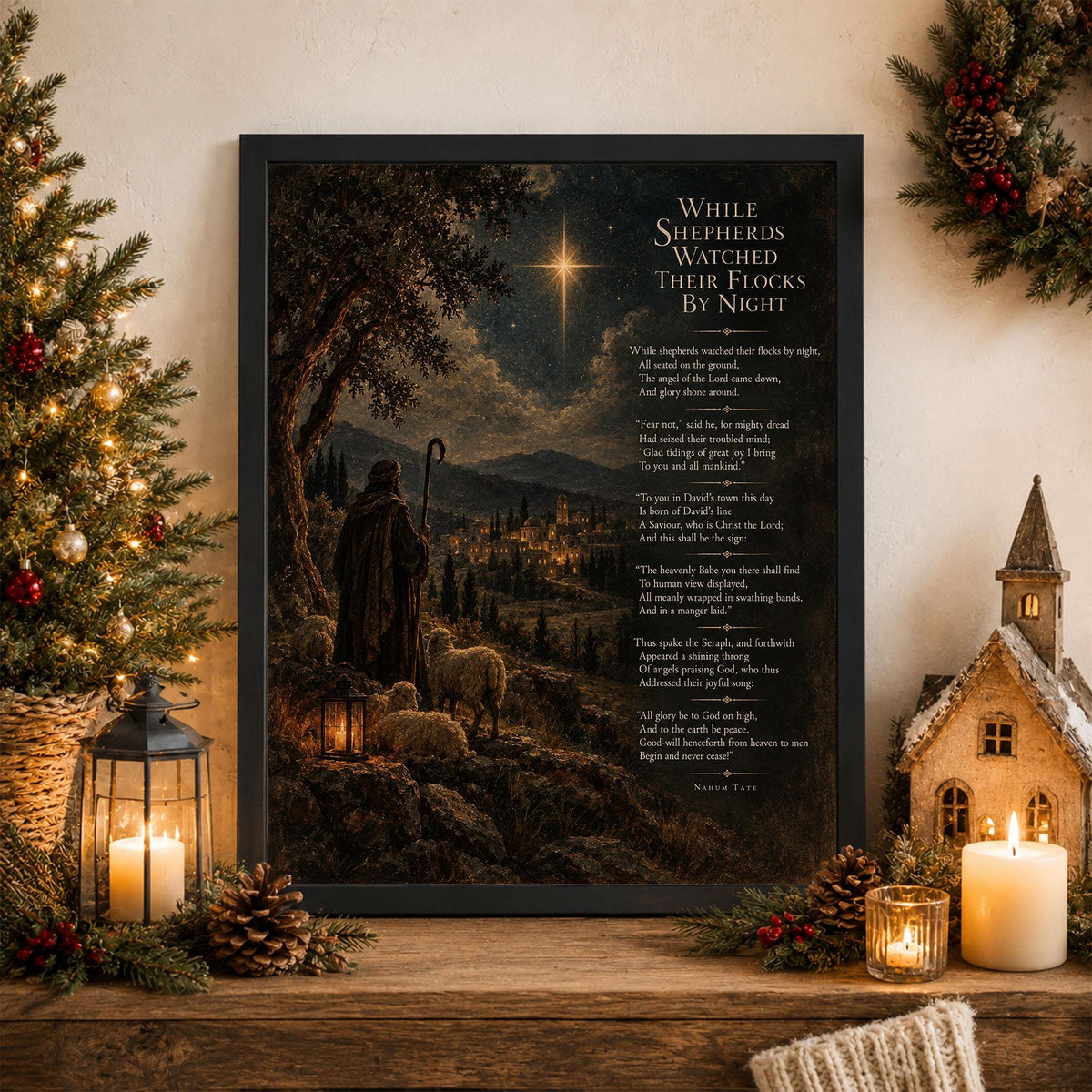 While Shepherds Watched Wall Art Print, Christmas Nativity Hymn, Nahum Tate, Vintage Holiday Home Decor