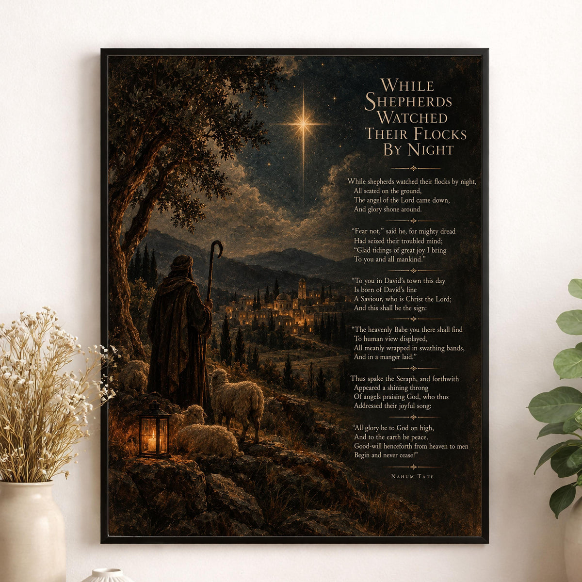While Shepherds Watched Wall Art Print, Christmas Nativity Hymn, Nahum Tate, Vintage Holiday Home Decor