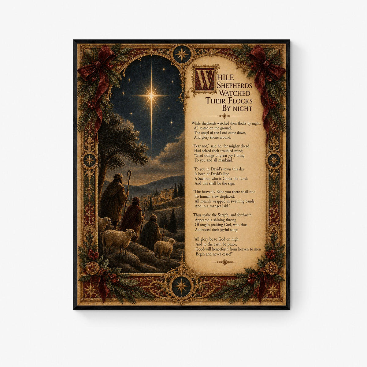 While Shepherds Watched Wall Art Print, Christmas Nativity Hymn, Nahum Tate, Christian Home Decor