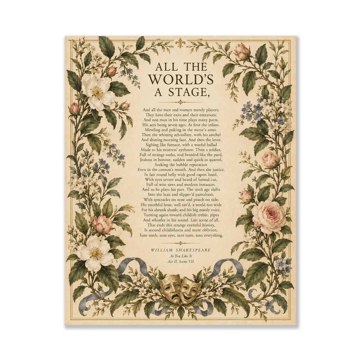 Shakespeare All the World’s a Stage Art Print, As You Like It, Literary Wall Home Decor