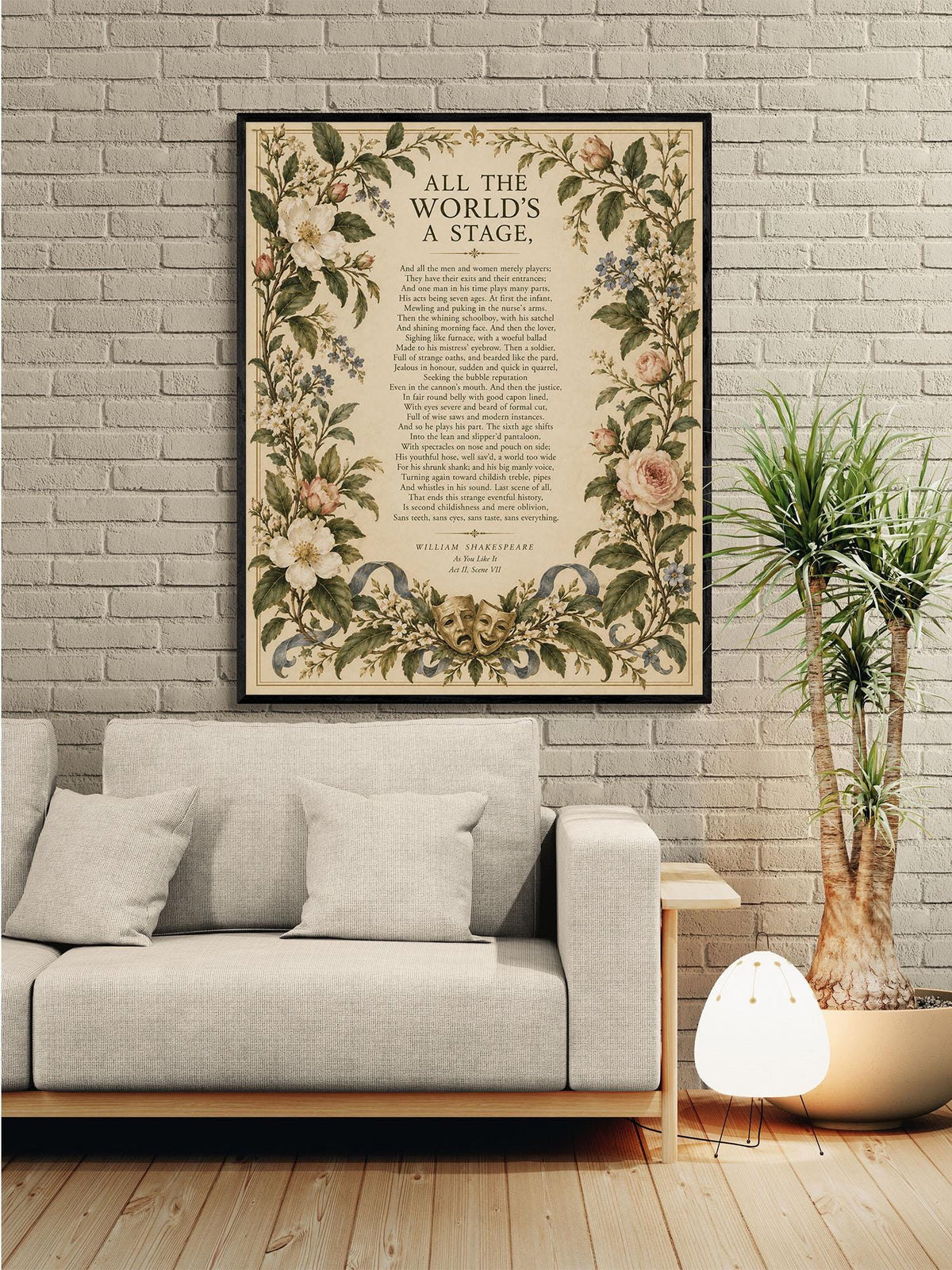 Shakespeare All the World’s a Stage Art Print, As You Like It, Literary Wall Home Decor