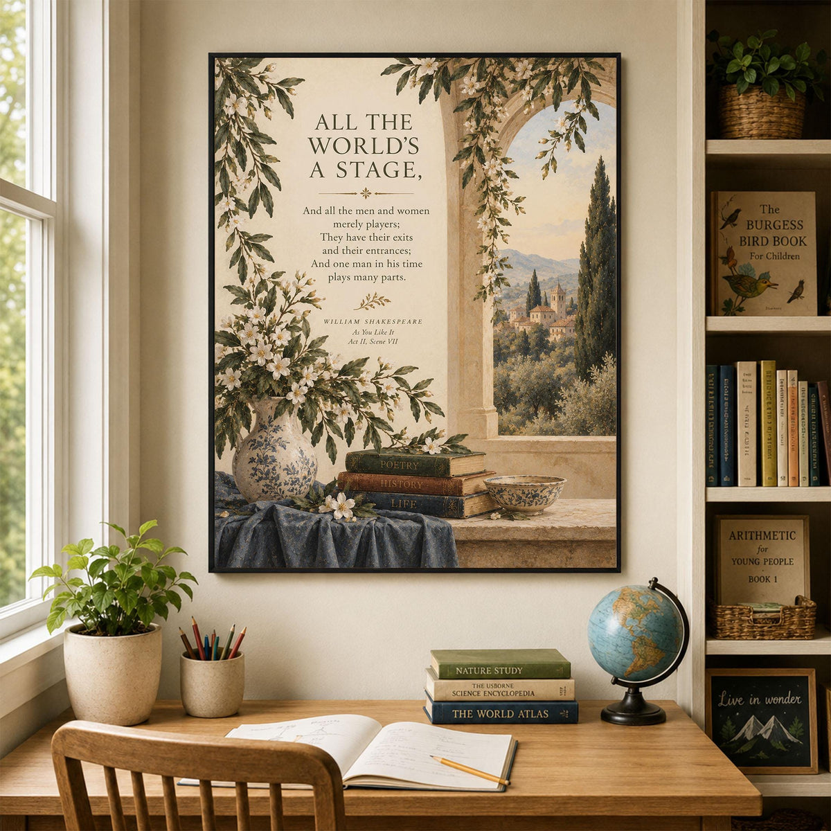 Shakespeare All the World’s a Stage Art Print, As You Like It Landscape, Literary Wall Home Decor