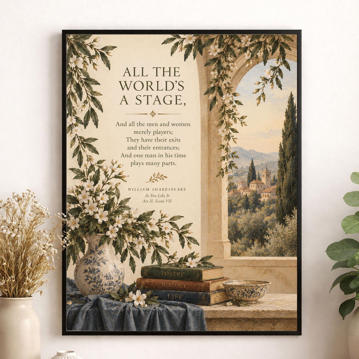 Shakespeare All the World’s a Stage Art Print, As You Like It Landscape, Literary Wall Home Decor