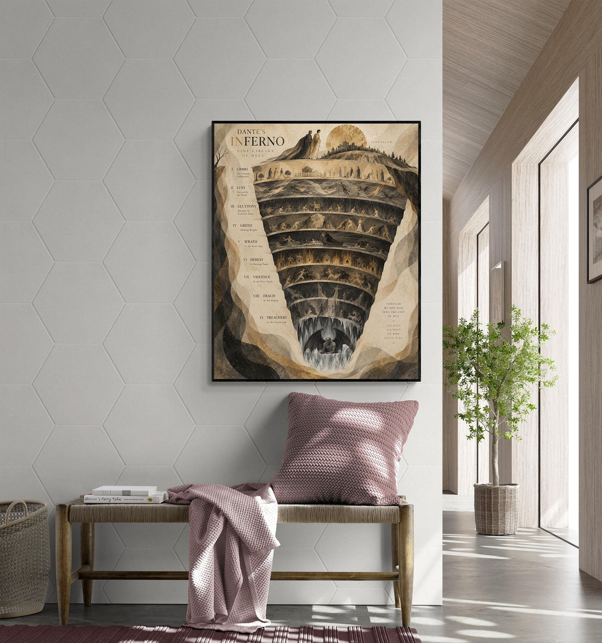 Dante’s Inferno Art Print, Nine Circles of Hell, Beige Wall Home Decor