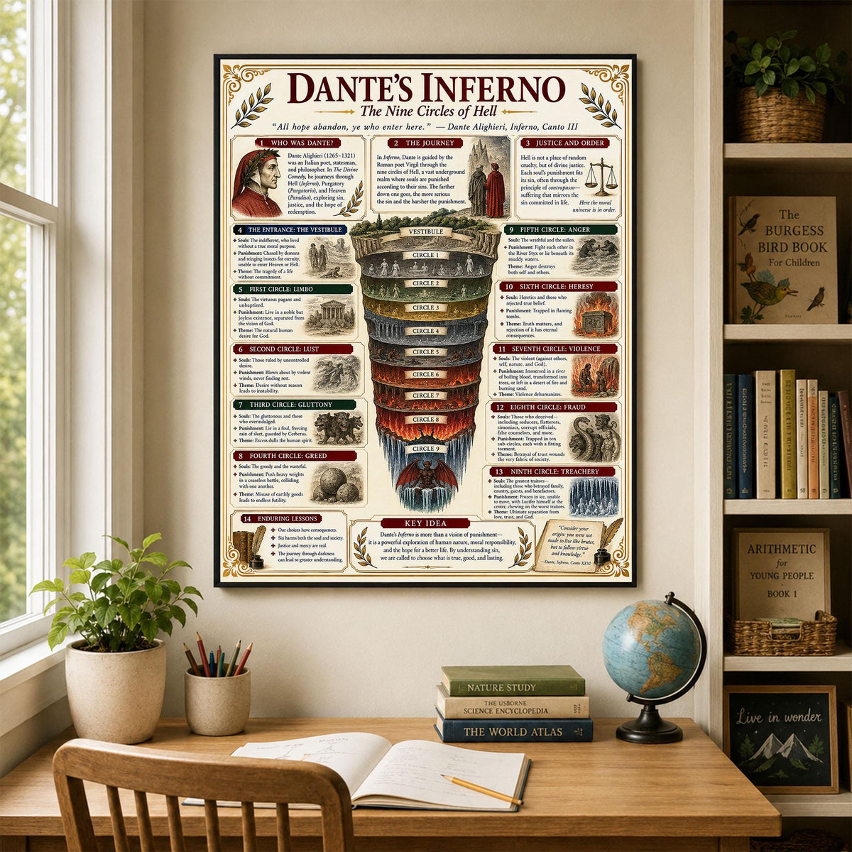 Dantes Inferno Chart Wall Art Print, Classical Learning Poster, Teacher Classroom Reference, Homeschool, Literature Room Decor