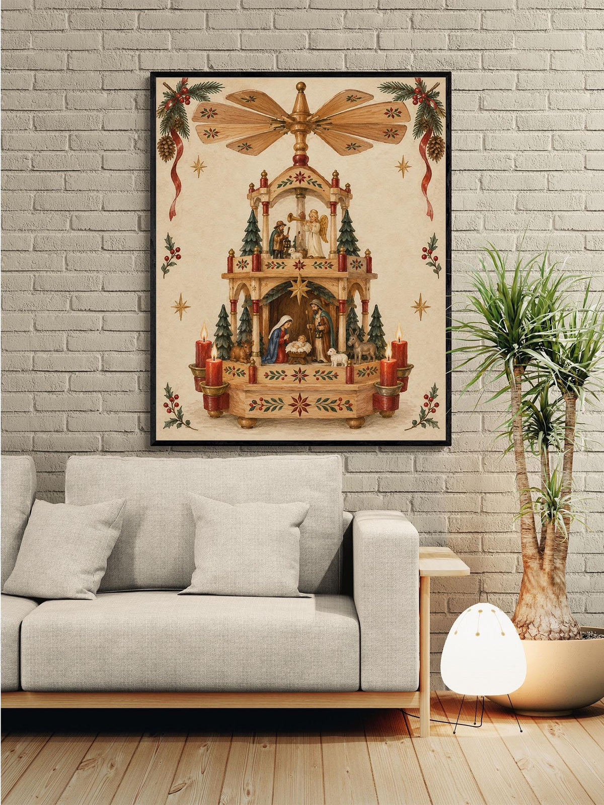 Christmas Pyramid Wall Art Print, Vintage German Holiday, Nativity Home Decor