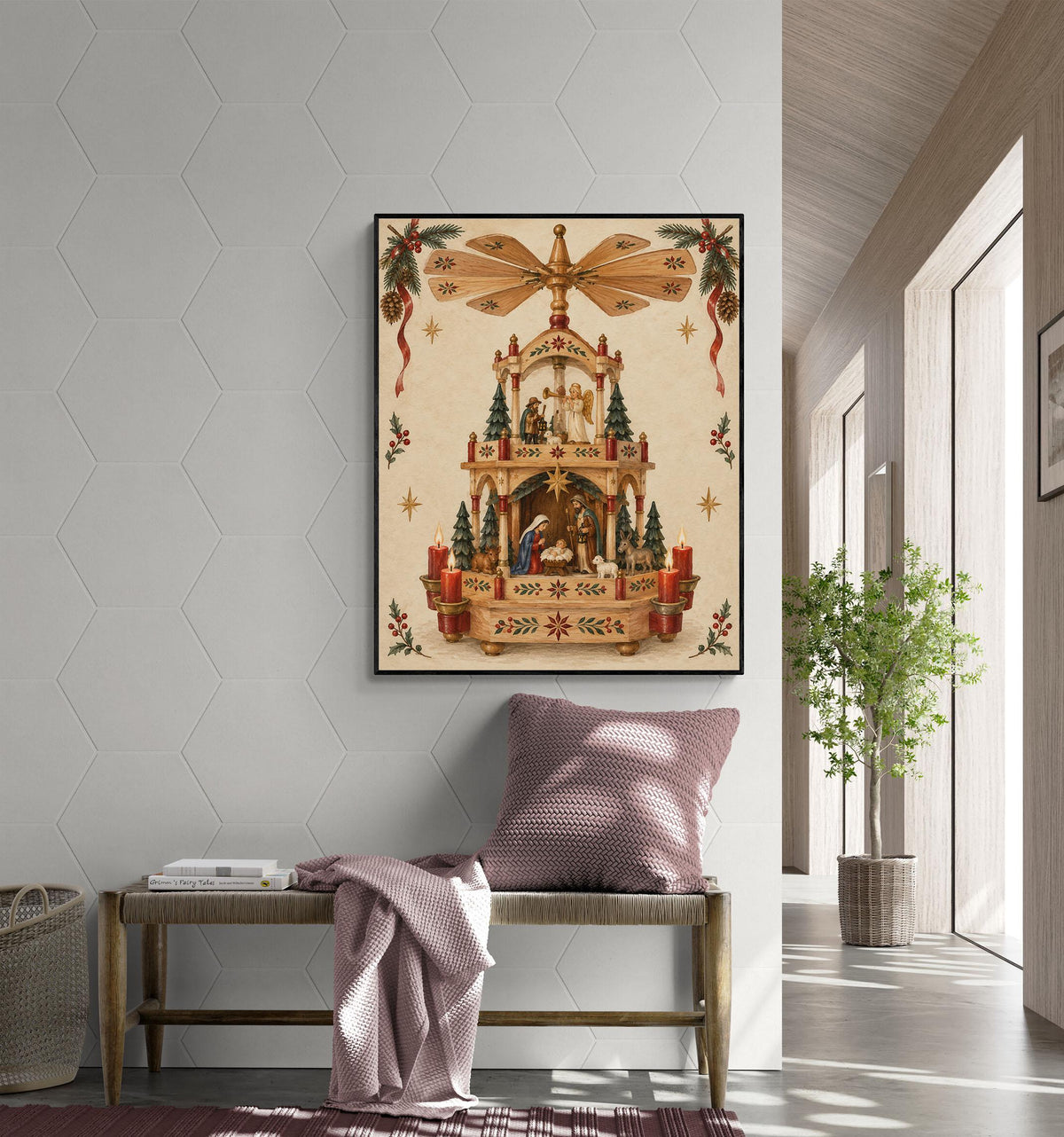 Christmas Pyramid Wall Art Print, Vintage German Holiday, Nativity Home Decor