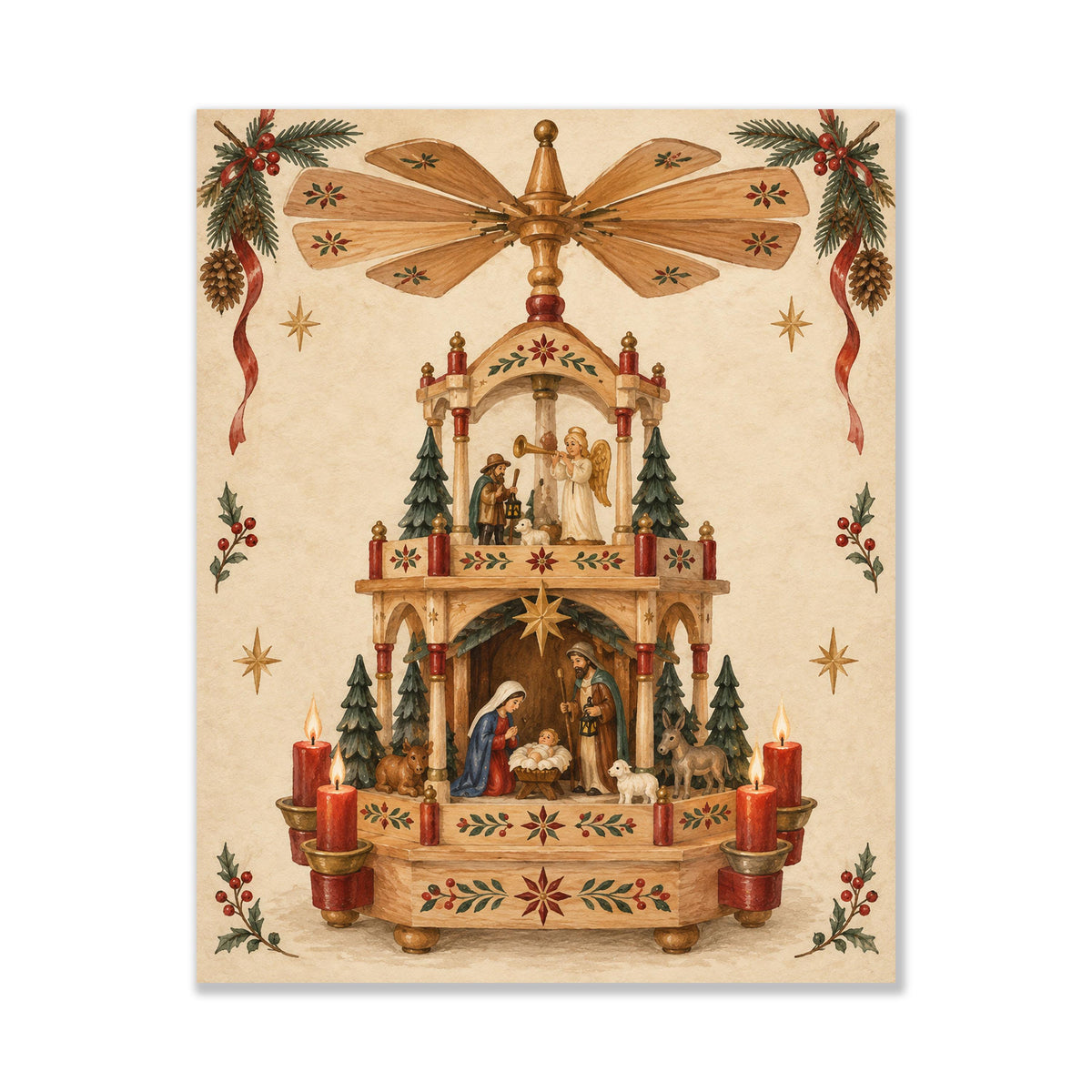 Christmas Pyramid Wall Art Print, Vintage German Holiday, Nativity Home Decor