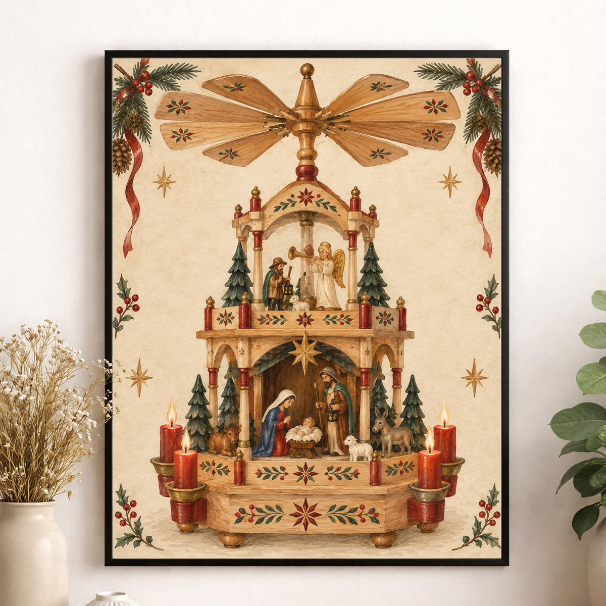 Christmas Pyramid Wall Art Print, Vintage German Holiday, Nativity Home Decor