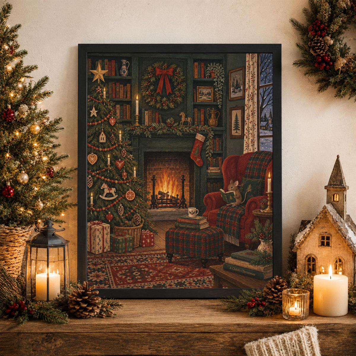 Cozy Christmas Country Mouse Wall Art Print, Vintage Holiday, Nativity Home Decor