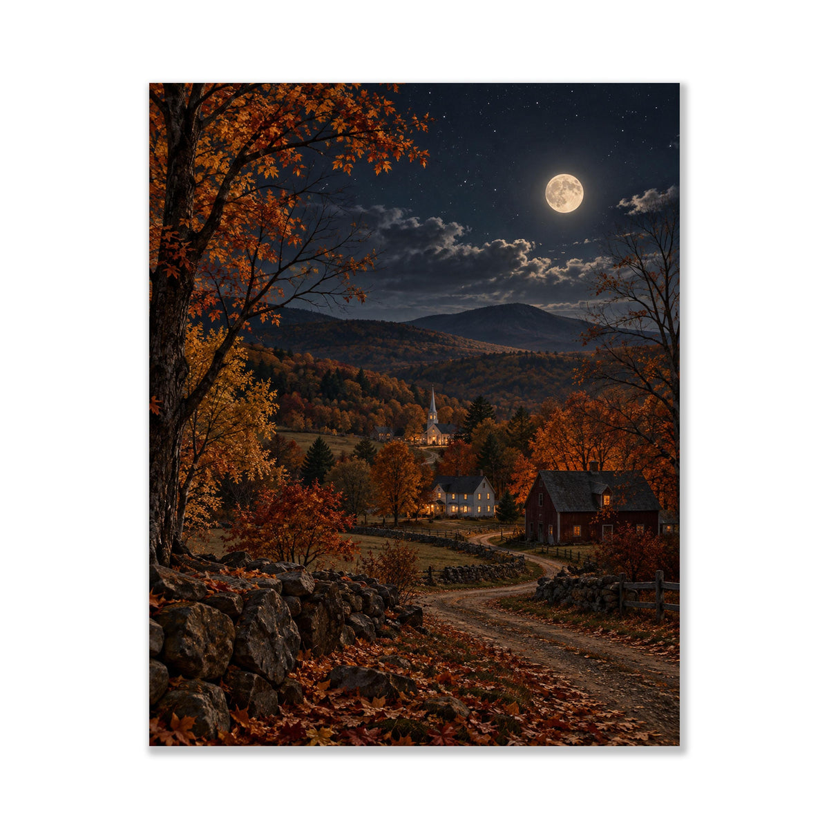 Autumn Country Landscape Art Print | Moonlit New England | Vintage Fall | Home Decor