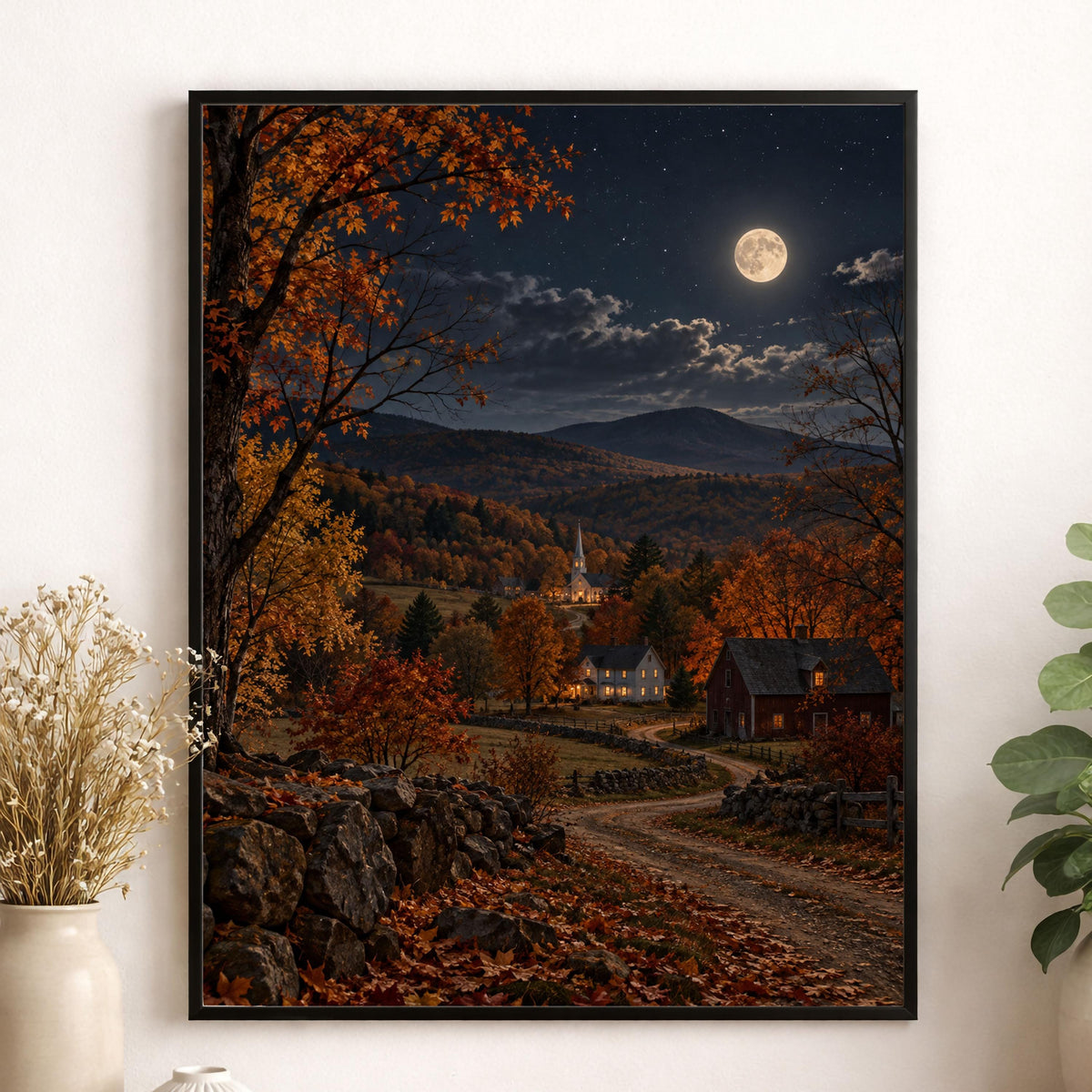 Autumn Country Landscape Art Print | Moonlit New England | Vintage Fall | Home Decor