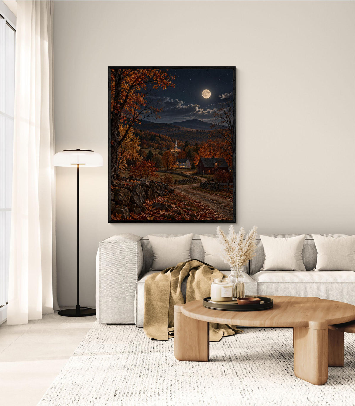 Autumn Country Landscape Art Print | Moonlit New England | Vintage Fall | Home Decor