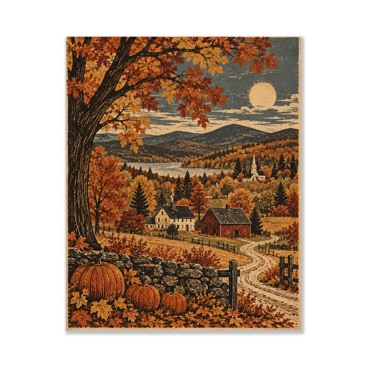 Autumn New England Landscape Art Print | Moonlit Countryside | Vintage Fall | Home Decor