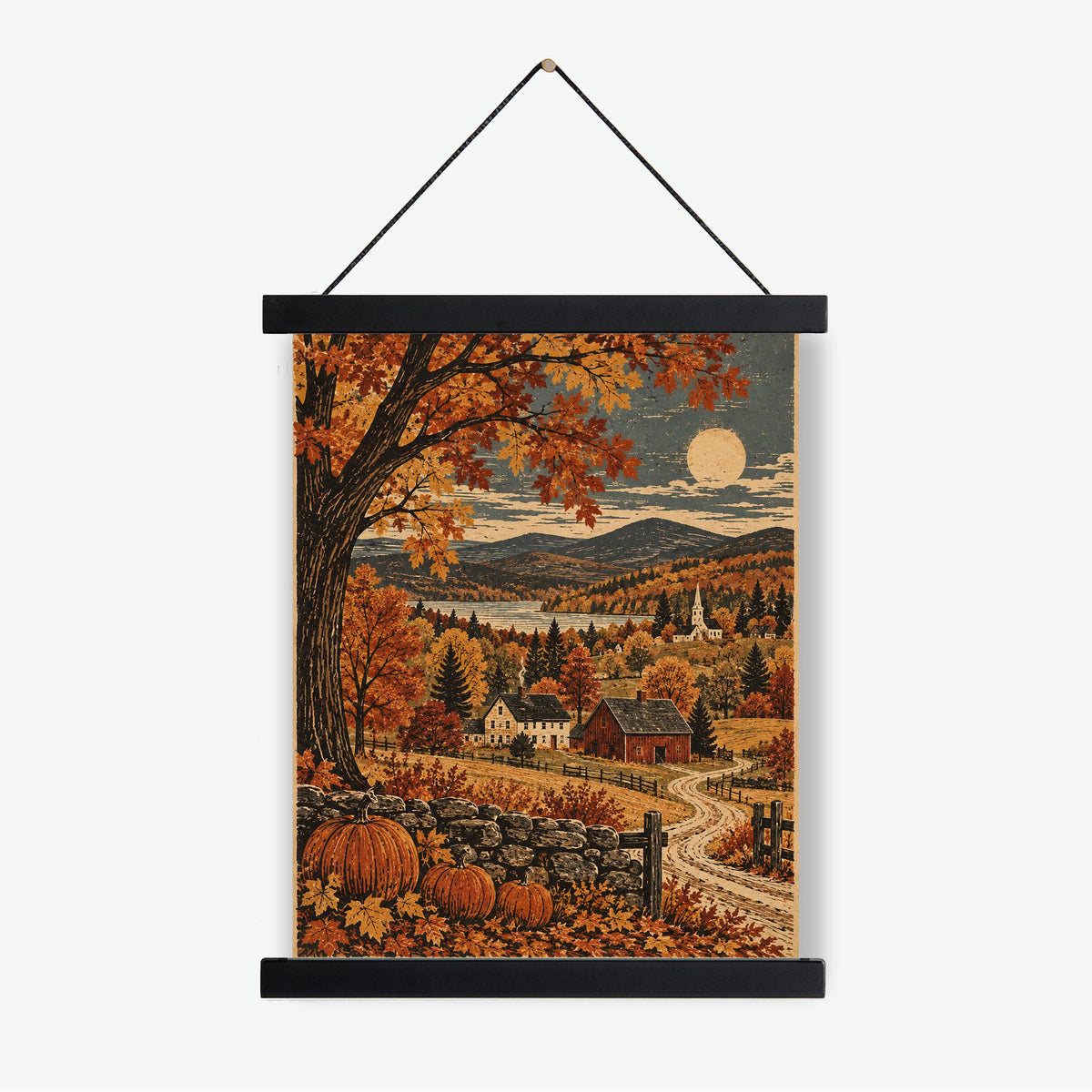 Autumn New England Landscape Art Print | Moonlit Countryside | Vintage Fall | Home Decor