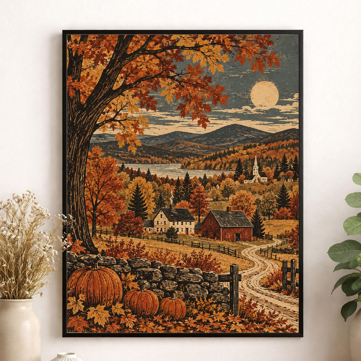 Autumn New England Landscape Art Print | Moonlit Countryside | Vintage Fall | Home Decor