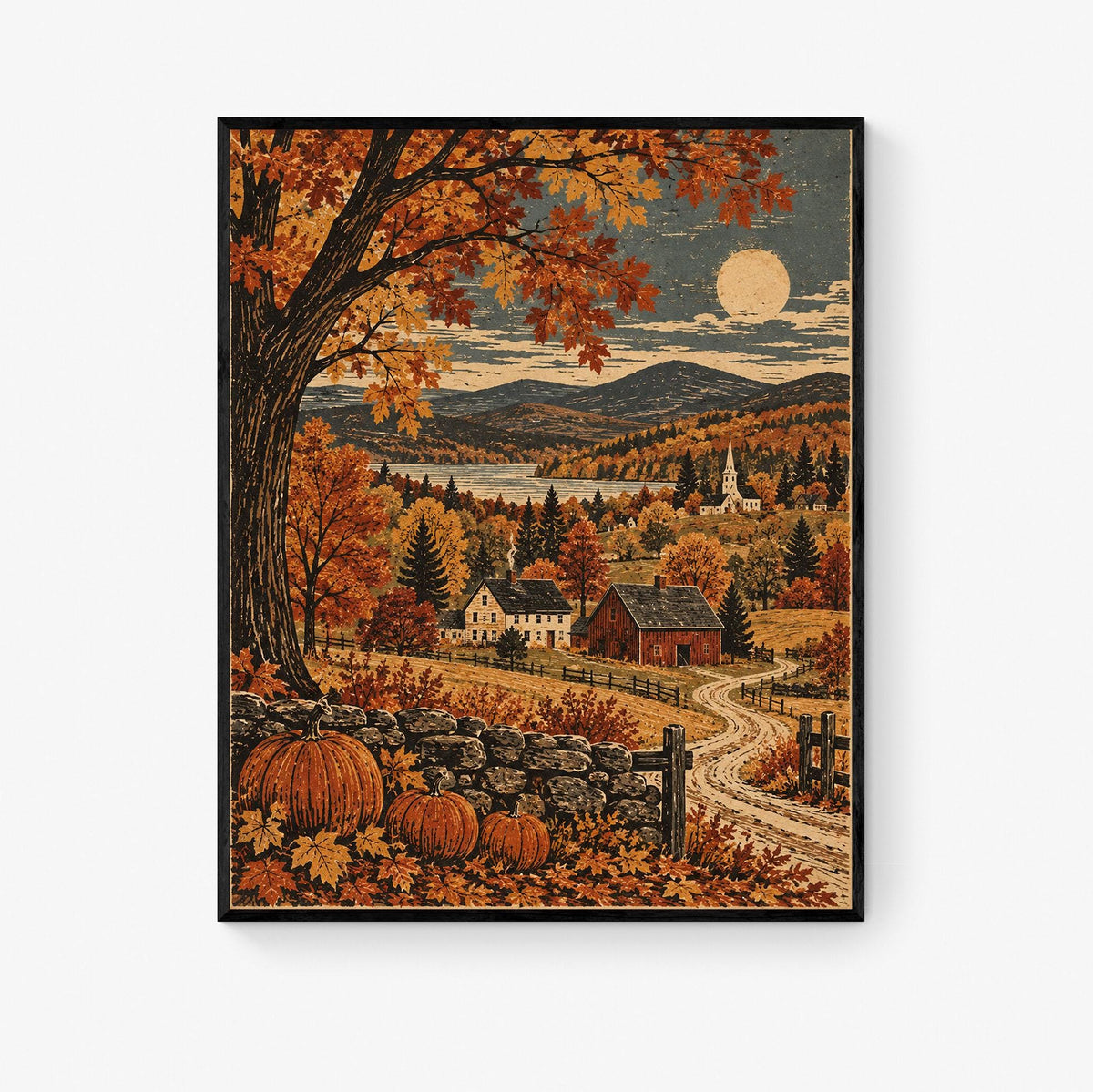 Autumn New England Landscape Art Print | Moonlit Countryside | Vintage Fall | Home Decor