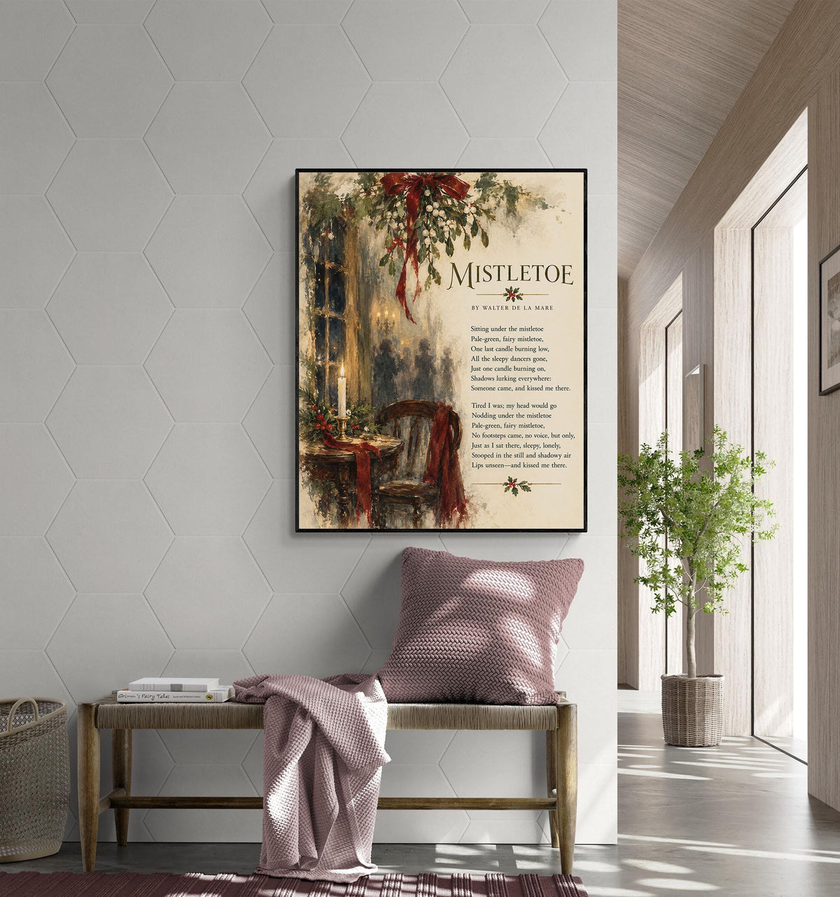 Mistletoe Poem Wall Art Print, Walter de la Mare, Christmas Holiday Home Decor