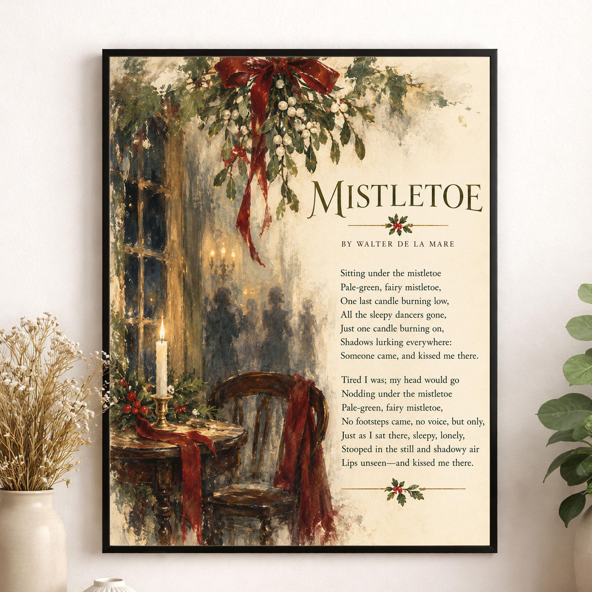 Mistletoe Poem Wall Art Print, Walter de la Mare, Christmas Holiday Home Decor