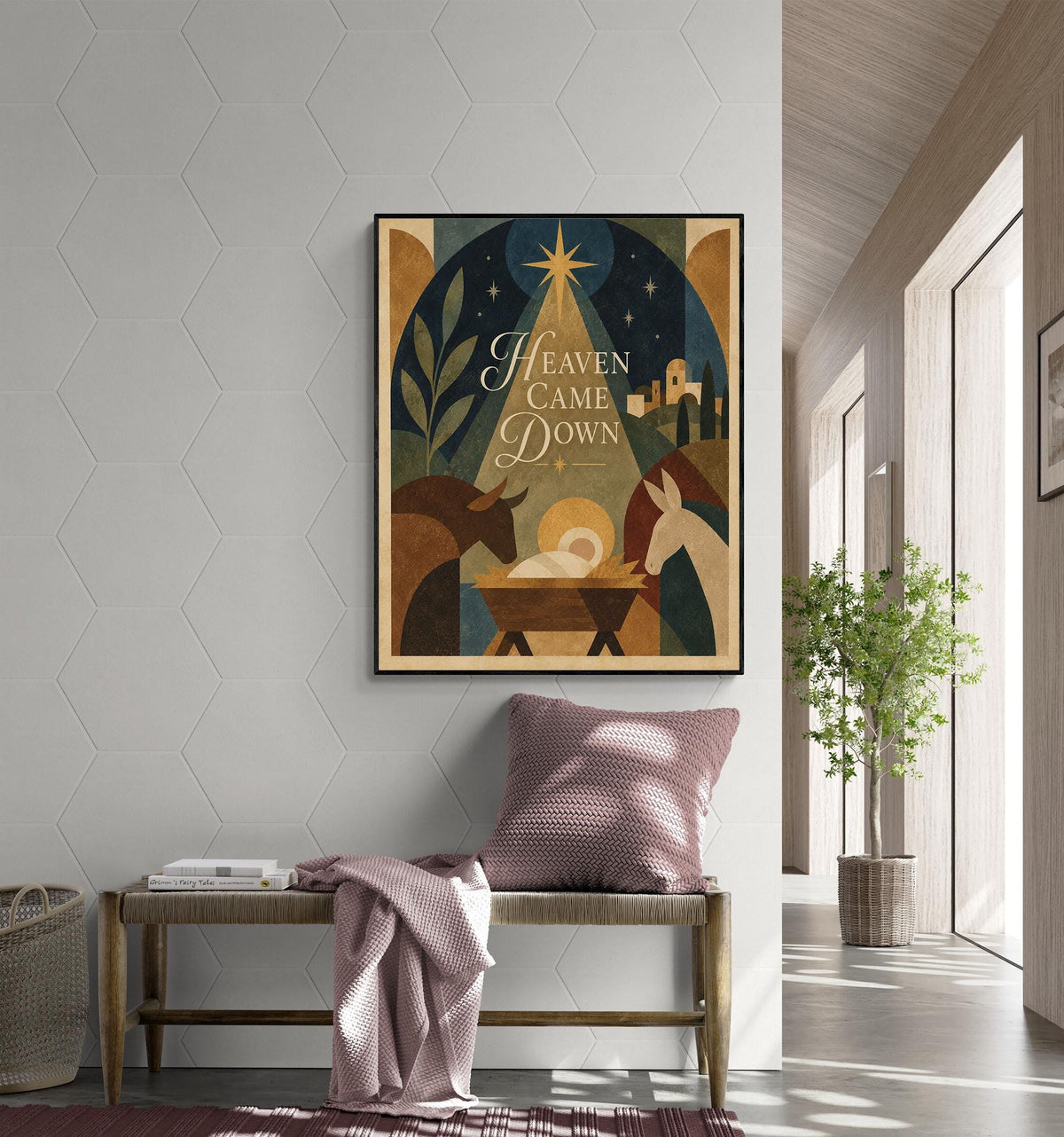 Heaven Came Down Nativity Wall Art Print, Christmas, Holiday Poem, Mid Century Home Decor