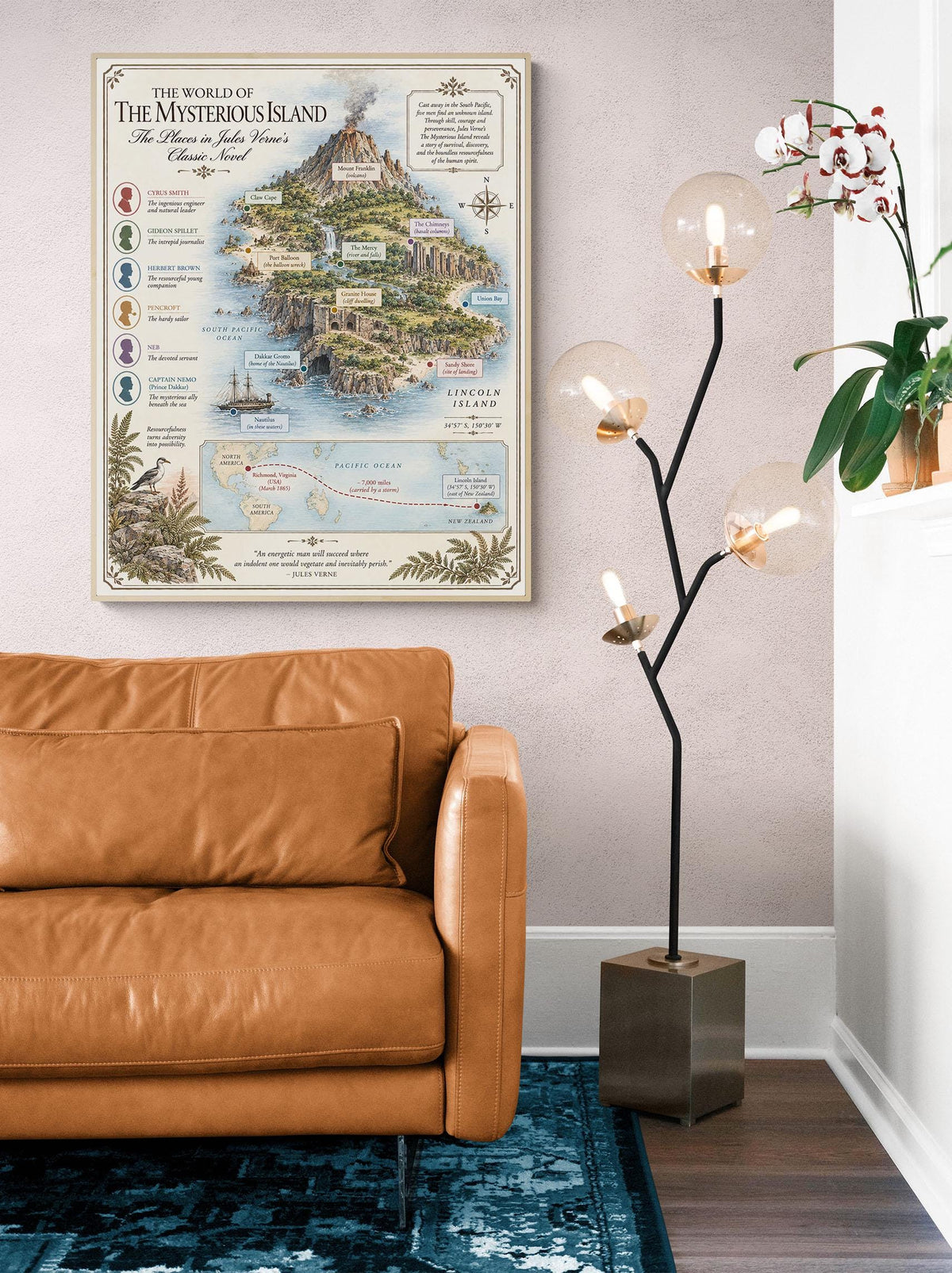 Mystery Island Book Map Art Print, Jules Verne Literary Wall Artwork, Home Decor, Library Gift, Classic Novel Poster