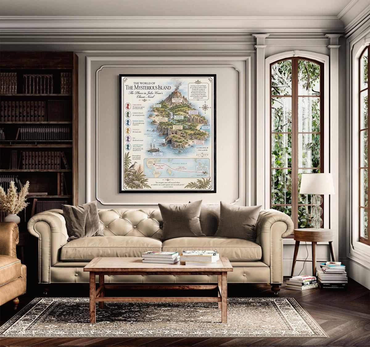 Mystery Island Book Map Art Print, Jules Verne Literary Wall Artwork, Home Decor, Library Gift, Classic Novel Poster