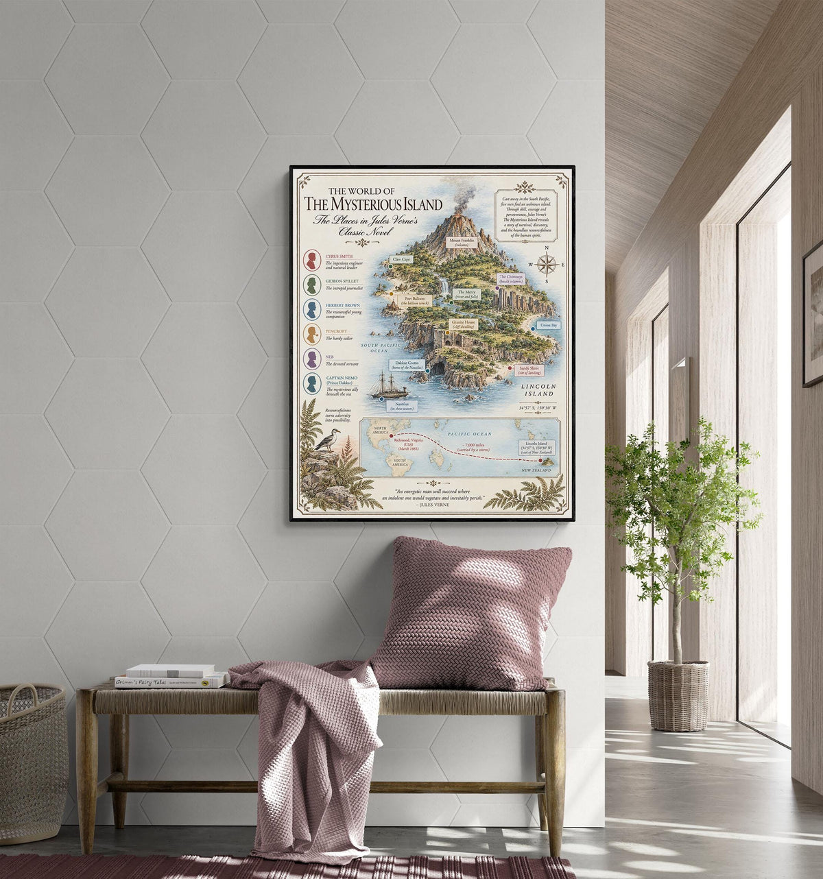 Mystery Island Book Map Art Print, Jules Verne Literary Wall Artwork, Home Decor, Library Gift, Classic Novel Poster