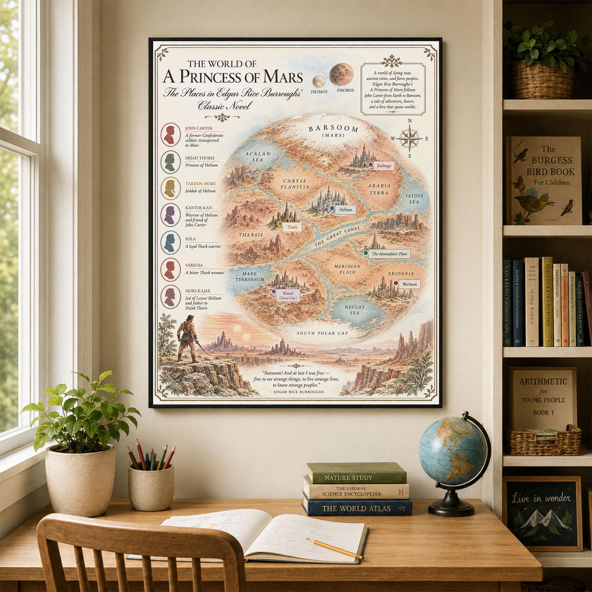 A Princess of Mars Book Map Art Print, Edgar Rice Burroughs Literary Wall Artwork, Home Decor, Library Gift, Classic Novel Poster
