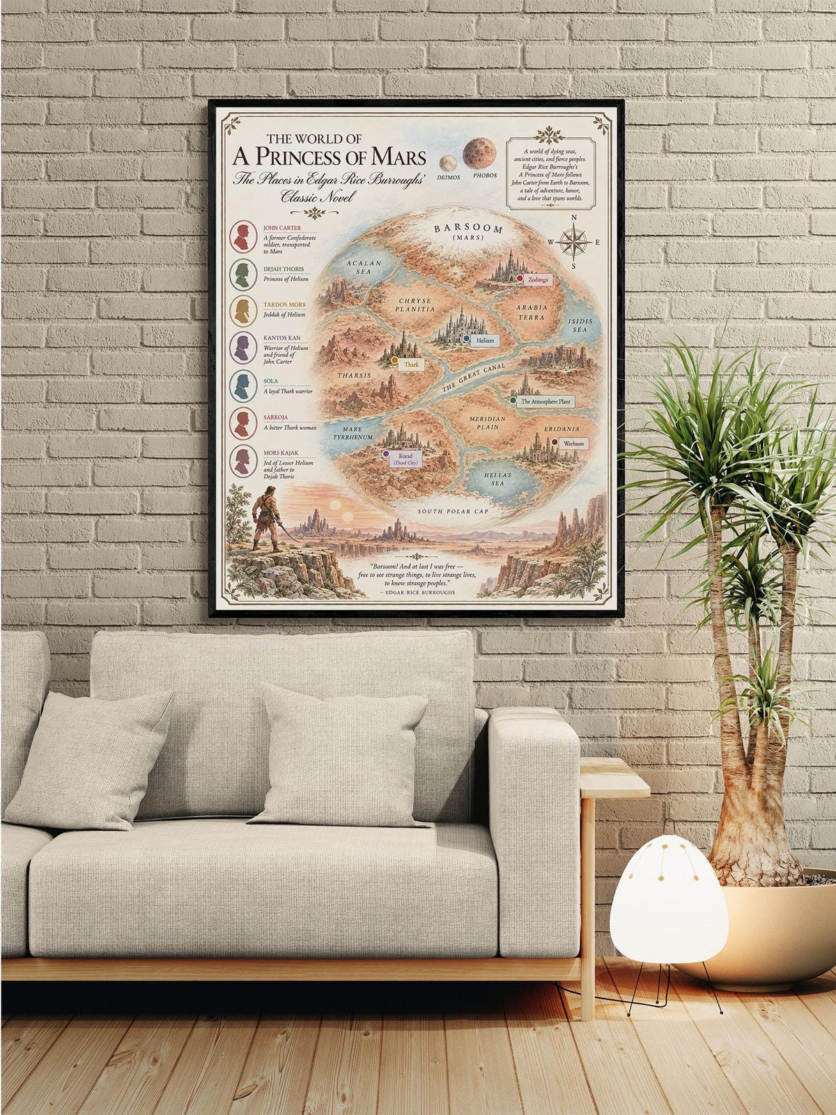 A Princess of Mars Book Map Art Print, Edgar Rice Burroughs Literary Wall Artwork, Home Decor, Library Gift, Classic Novel Poster