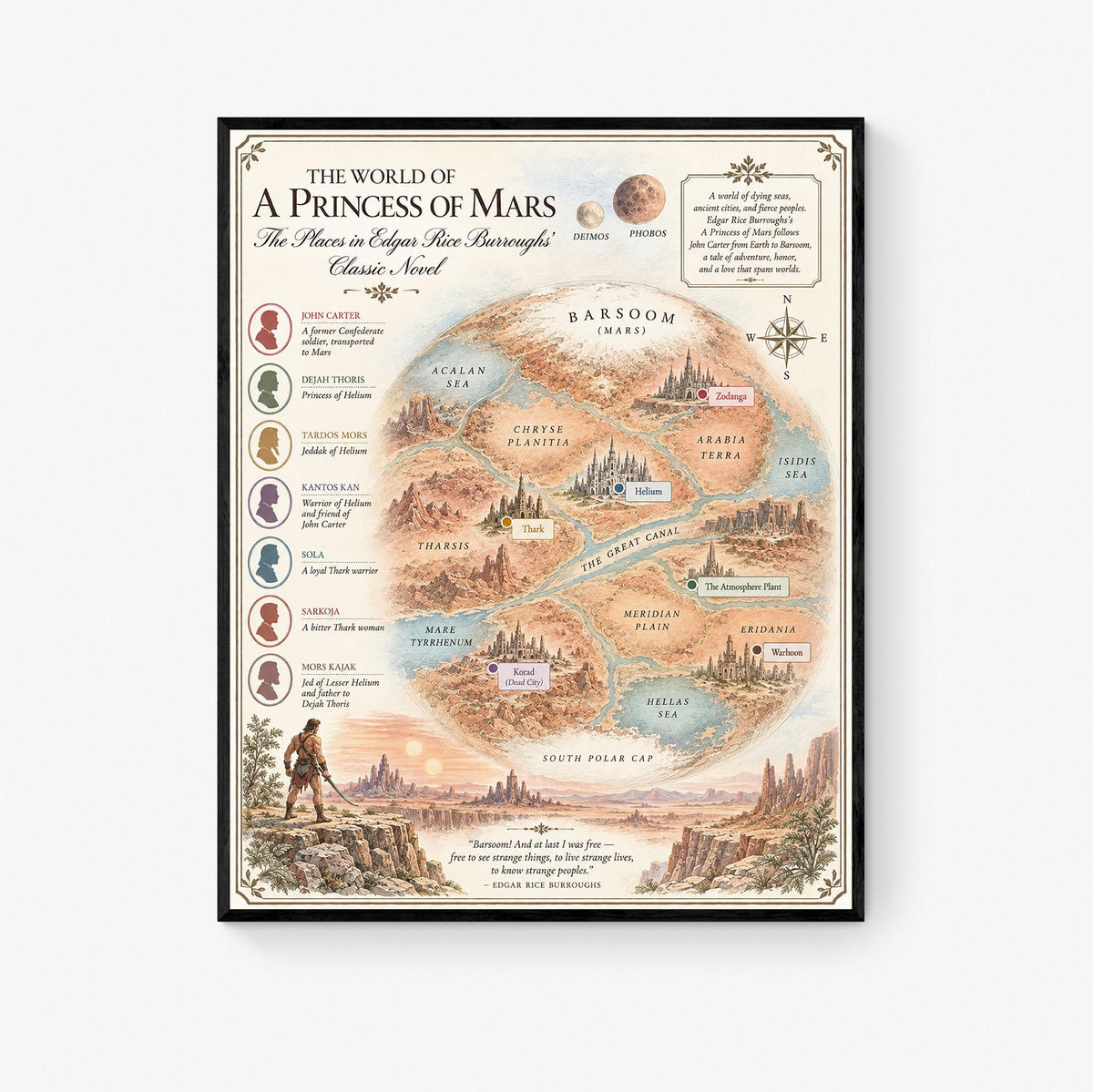 A Princess of Mars Book Map Art Print, Edgar Rice Burroughs Literary Wall Artwork, Home Decor, Library Gift, Classic Novel Poster