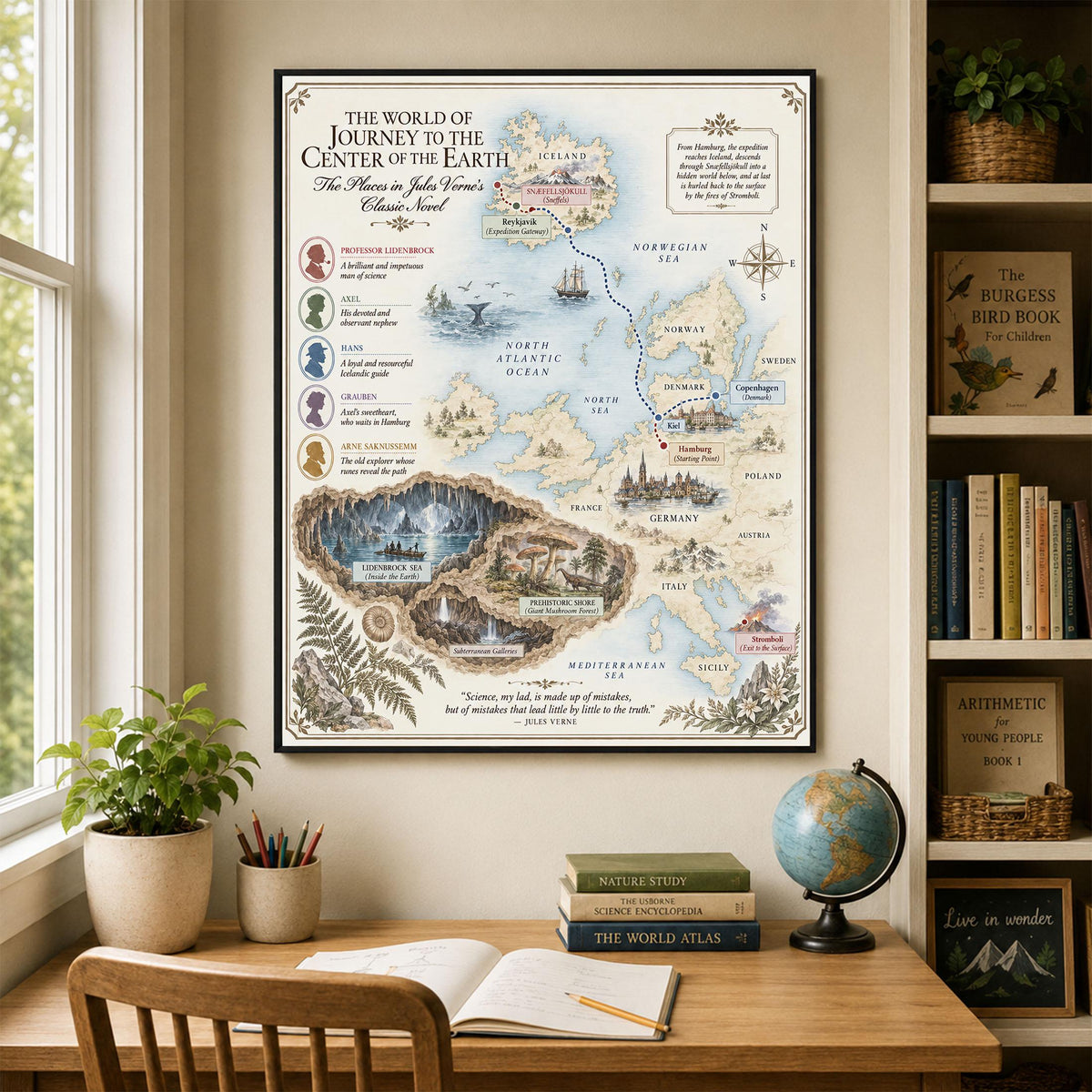 Journey To The Center of the Earth Book Map Art Print, Jules Verne Literary Wall Artwork, Home Decor, Library Gift, Classic Novel Poster