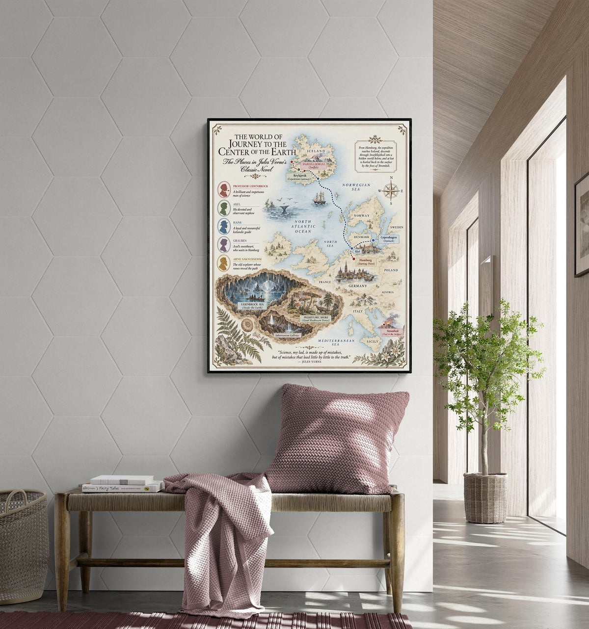 Journey To The Center of the Earth Book Map Art Print, Jules Verne Literary Wall Artwork, Home Decor, Library Gift, Classic Novel Poster