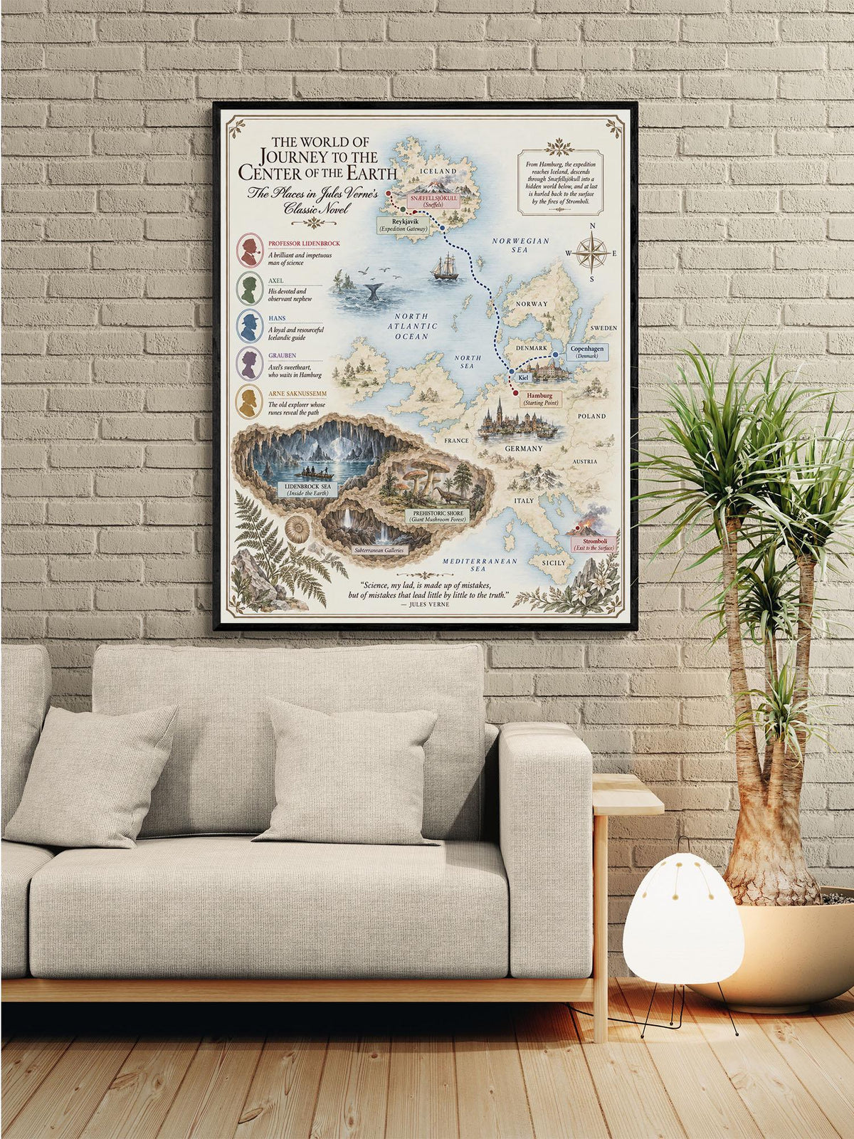 Journey To The Center of the Earth Book Map Art Print, Jules Verne Literary Wall Artwork, Home Decor, Library Gift, Classic Novel Poster