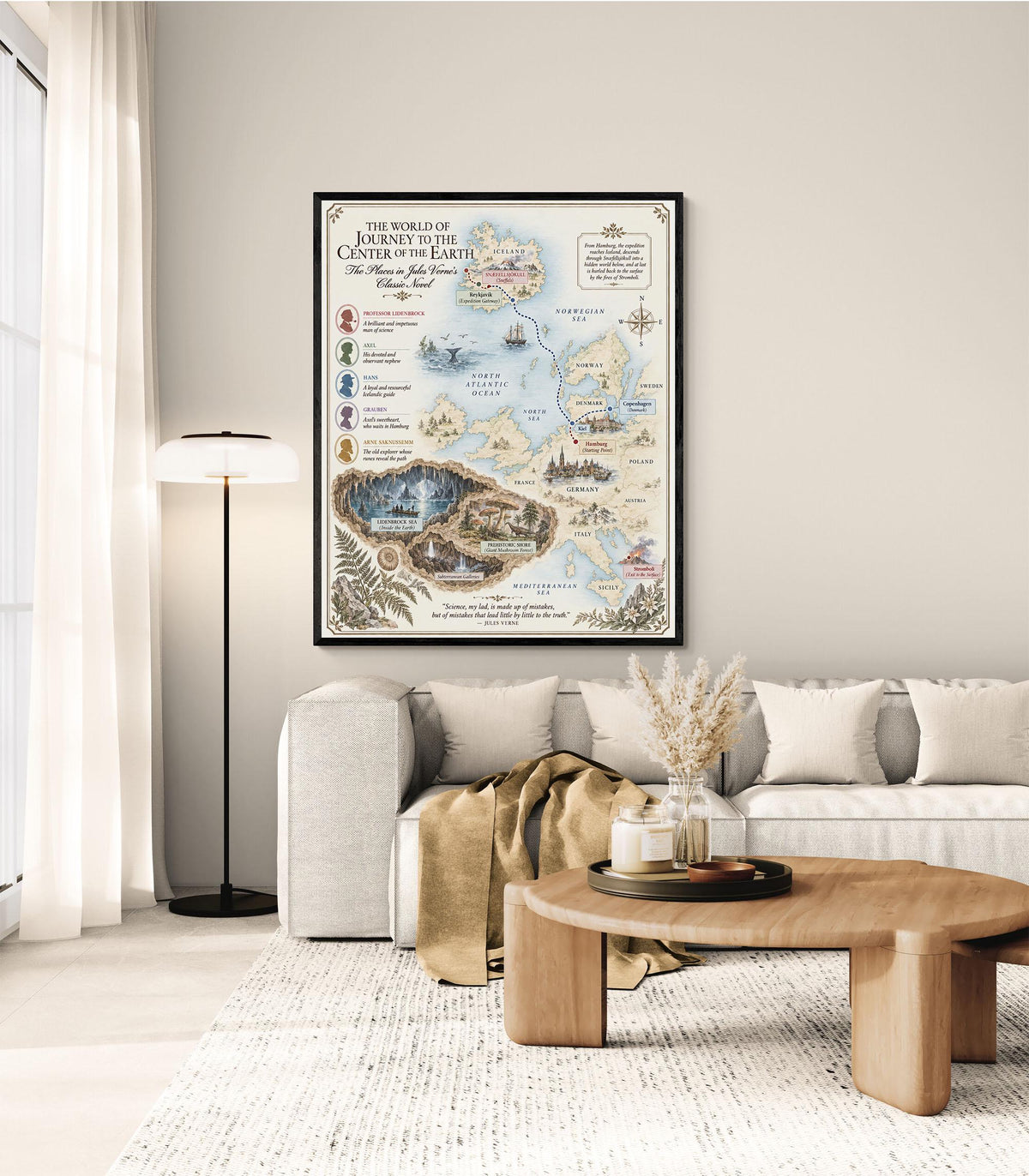 Journey To The Center of the Earth Book Map Art Print, Jules Verne Literary Wall Artwork, Home Decor, Library Gift, Classic Novel Poster