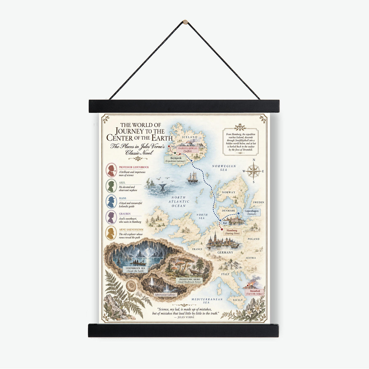 Journey To The Center of the Earth Book Map Art Print, Jules Verne Literary Wall Artwork, Home Decor, Library Gift, Classic Novel Poster