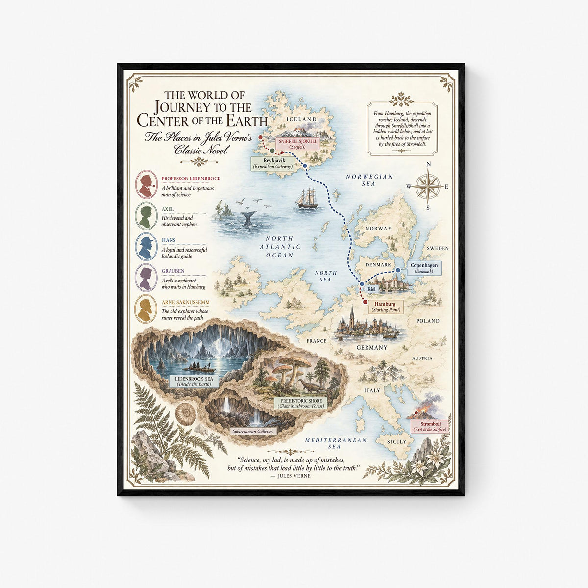 Journey To The Center of the Earth Book Map Art Print, Jules Verne Literary Wall Artwork, Home Decor, Library Gift, Classic Novel Poster