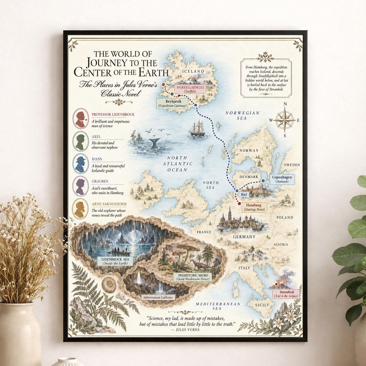Journey To The Center of the Earth Book Map Art Print, Jules Verne Literary Wall Artwork, Home Decor, Library Gift, Classic Novel Poster