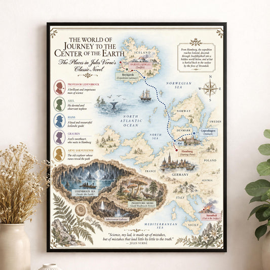 Journey To The Center of the Earth Book Map Art Print, Jules Verne Literary Wall Artwork, Home Decor, Library Gift, Classic Novel Poster