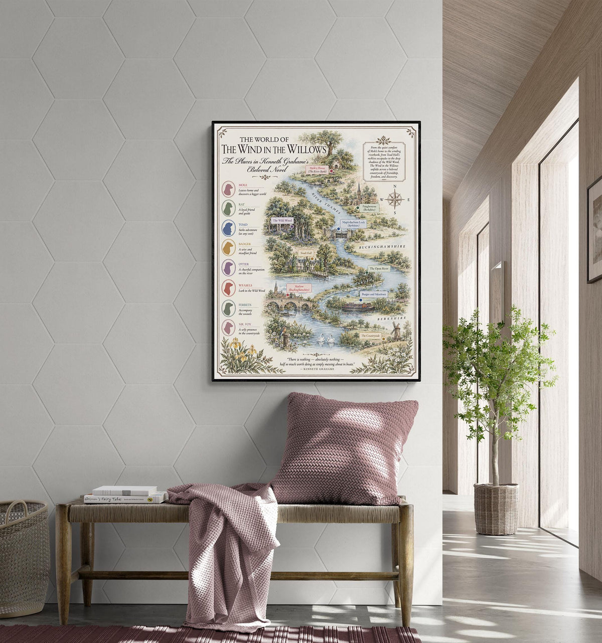 Wind in the Willows Books Map Art Print, Kenneth Grahame Literary Wall Artwork, Home Decor, Library Gift, Classic Novel Poster