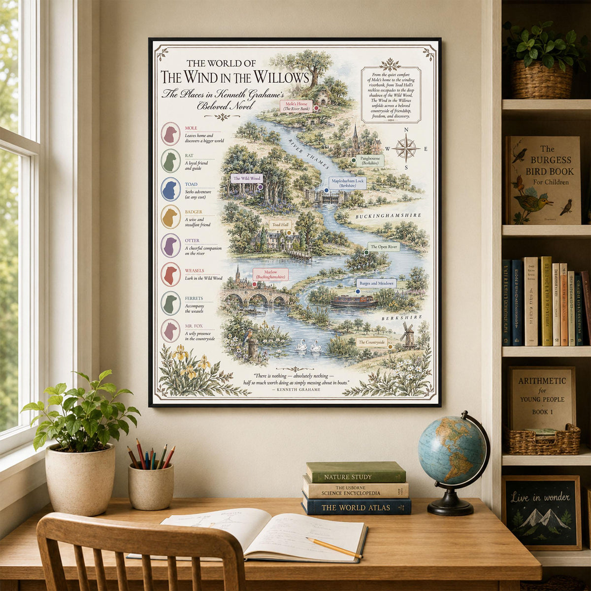 Wind in the Willows Books Map Art Print, Kenneth Grahame Literary Wall Artwork, Home Decor, Library Gift, Classic Novel Poster