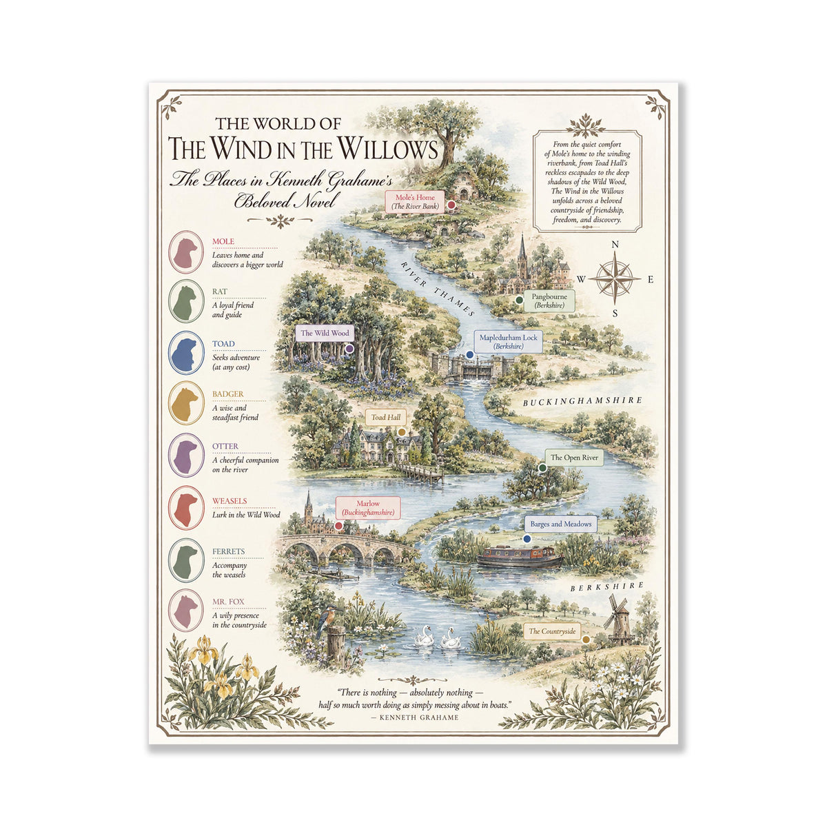 Wind in the Willows Books Map Art Print, Kenneth Grahame Literary Wall Artwork, Home Decor, Library Gift, Classic Novel Poster