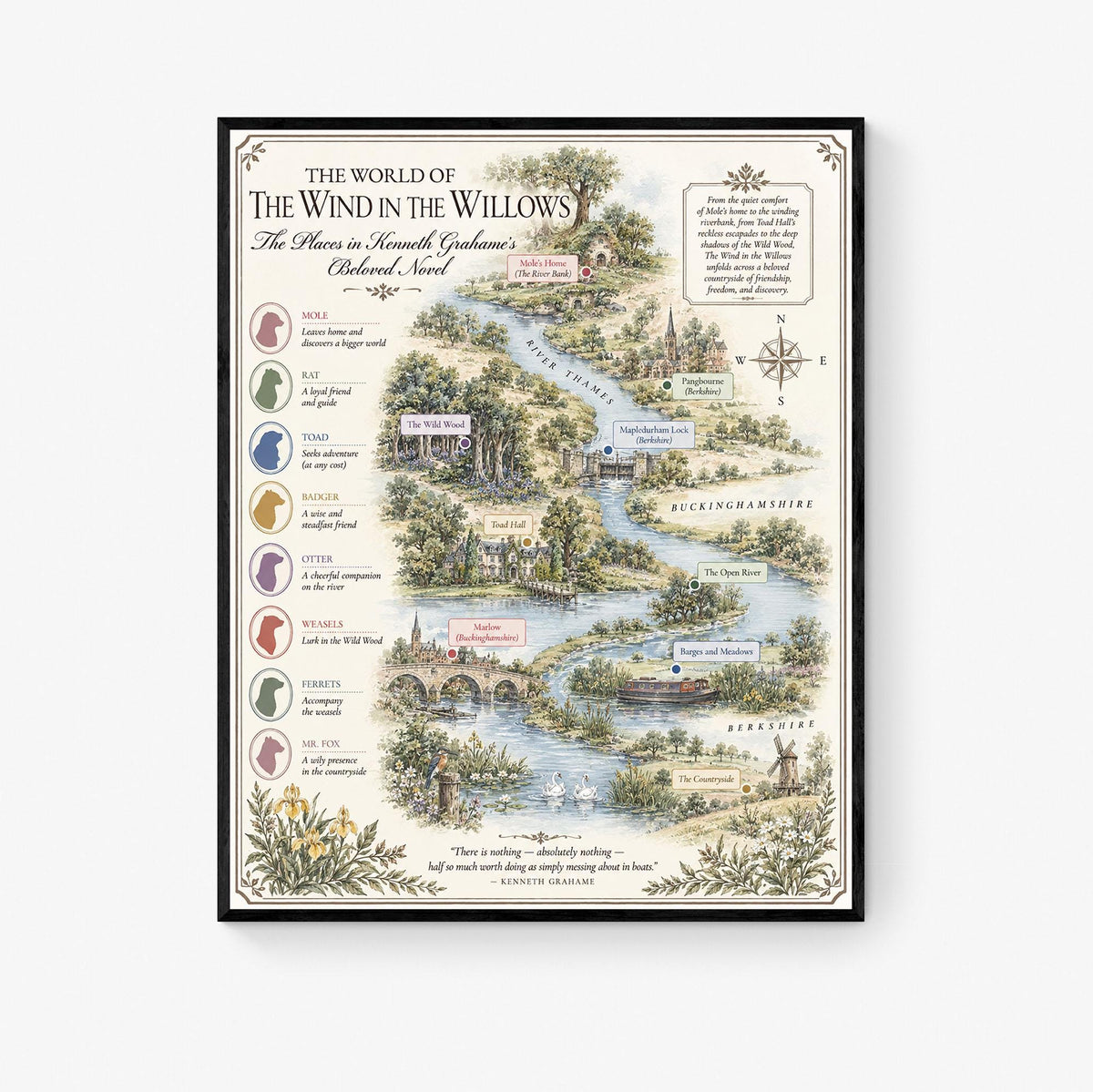 Wind in the Willows Books Map Art Print, Kenneth Grahame Literary Wall Artwork, Home Decor, Library Gift, Classic Novel Poster