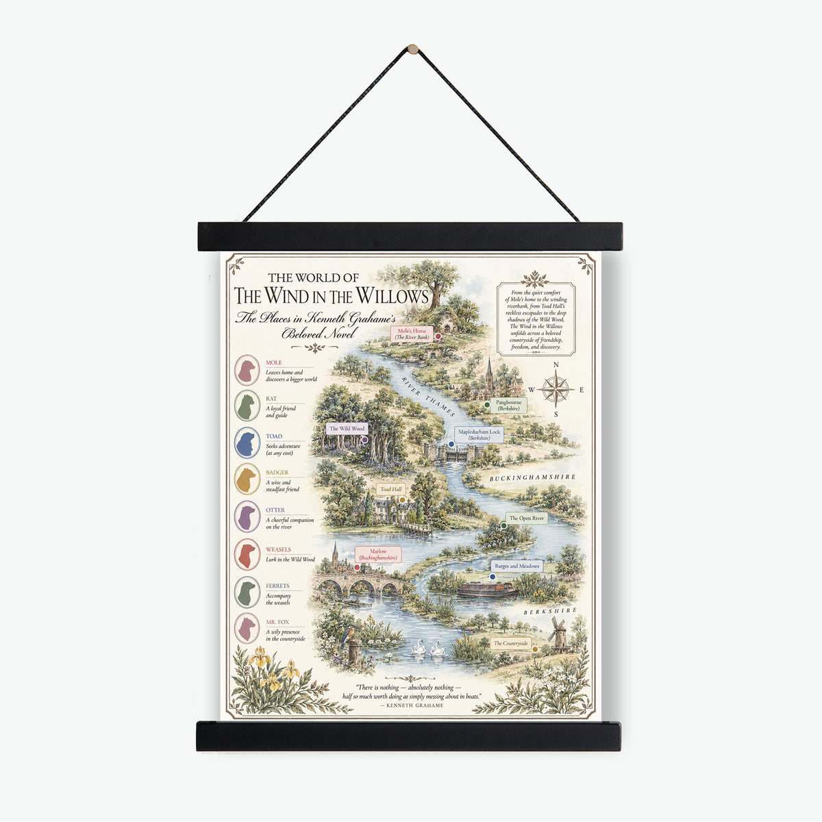 Wind in the Willows Books Map Art Print, Kenneth Grahame Literary Wall Artwork, Home Decor, Library Gift, Classic Novel Poster