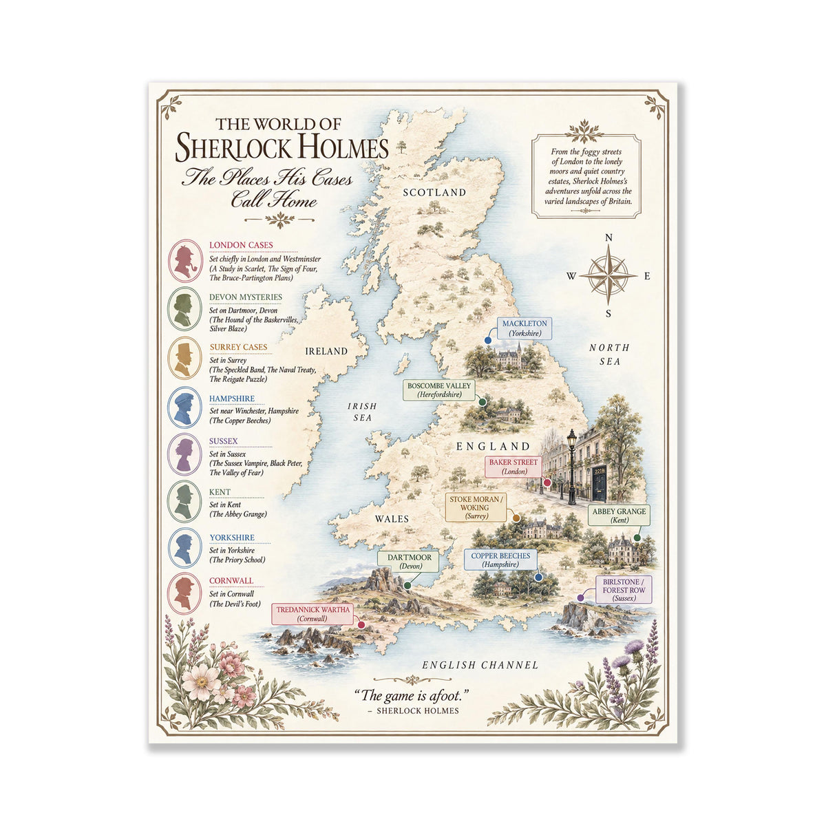 Sherlock Holmes Books Map Art Print, Arthur Conan Doyle Literary Wall Artwork, Home Decor, Library Gift, Classic Novel Poster