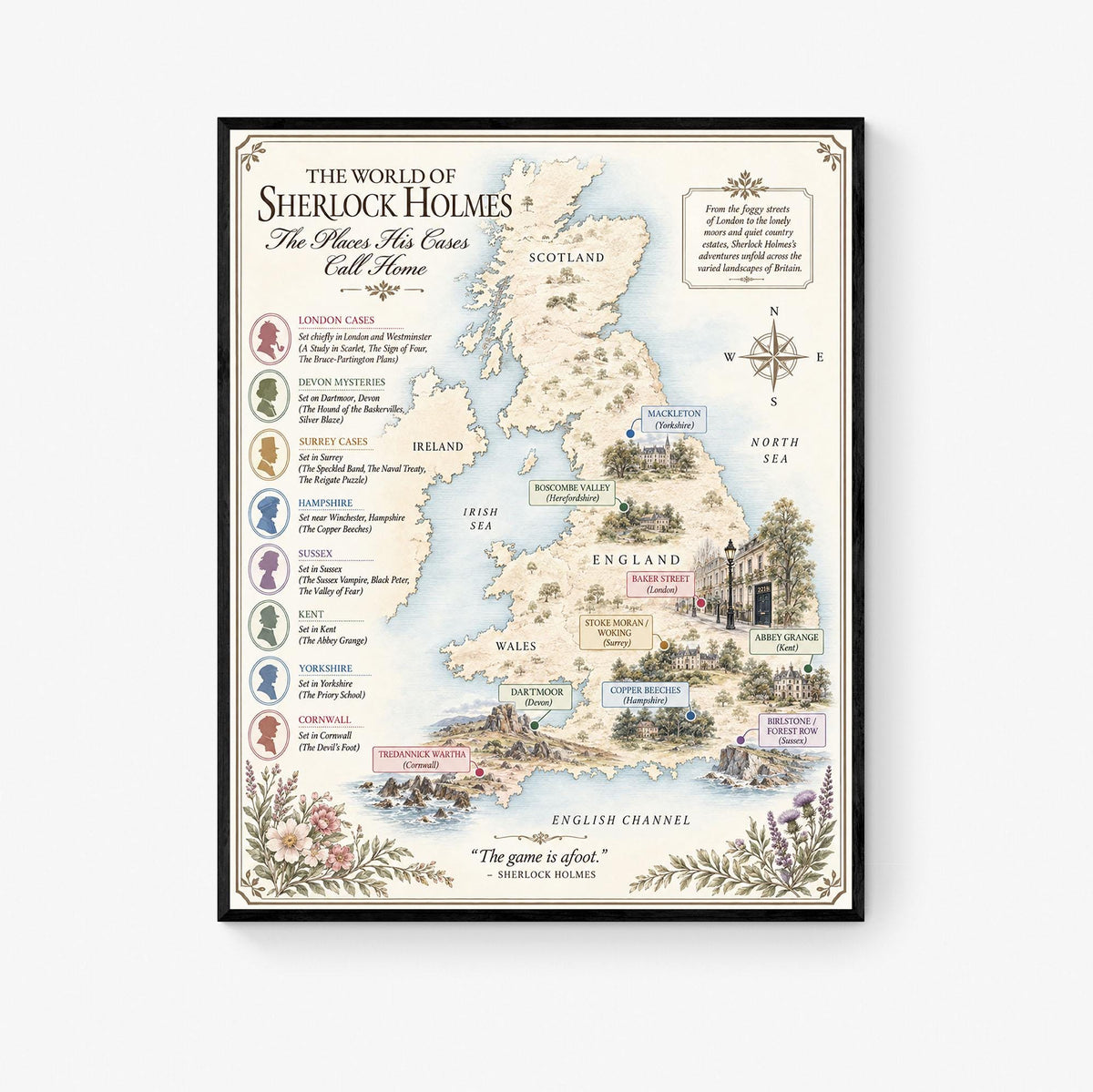Sherlock Holmes Books Map Art Print, Arthur Conan Doyle Literary Wall Artwork, Home Decor, Library Gift, Classic Novel Poster