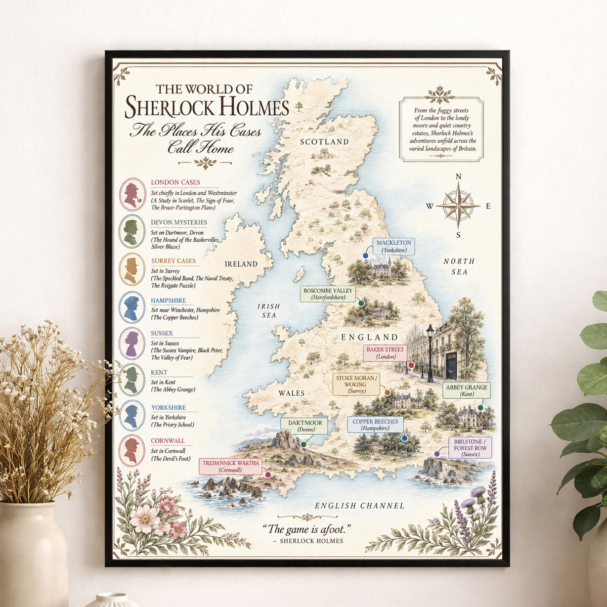 Sherlock Holmes Books Map Art Print, Arthur Conan Doyle Literary Wall Artwork, Home Decor, Library Gift, Classic Novel Poster